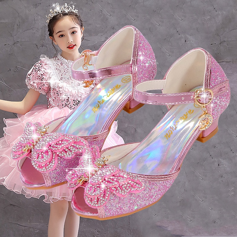 Girls' Silver Glitter Princess Shoes – Sparkly Bowknot Mary Jane Sandals with Low Heels, Elegant Party & Wedding Dress Shoes 8