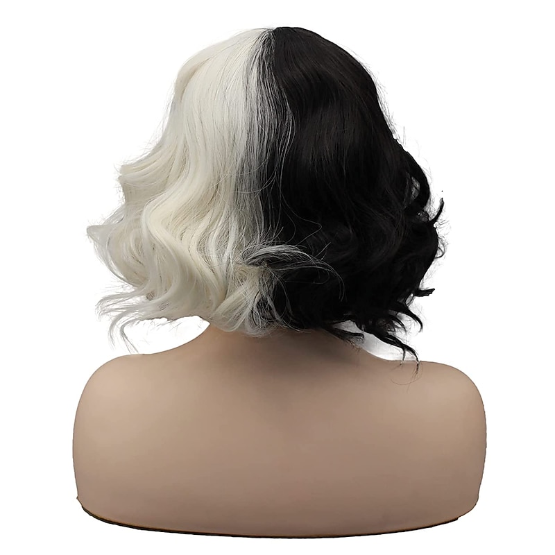 Cruella De Vil Wig for Women  Cosplay  Wig with Bangs Curly Short Black and White Wigs Kids Cruella Deville Wig Adult (New Black and White-1) Halloween Wigs3