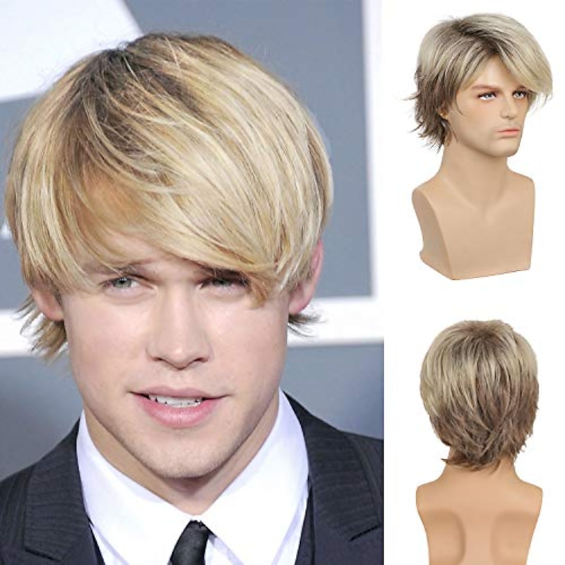Mens Blonde Wig Short Layered Natural Synthetic Heat Resistant Wigs  Cosplay   Wig with Wig Cap Halloween Wigs