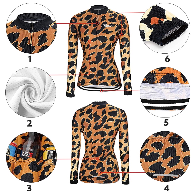 Women's Cycling Jersey Leopard Patterned Funny Long Sleeve Bike Jersey Top with 3 Rear Pockets Mountain Bike MTB Road Bike Cycling Thermal Warm Quick Dry Anatomic Design Reflective Strips Sports4