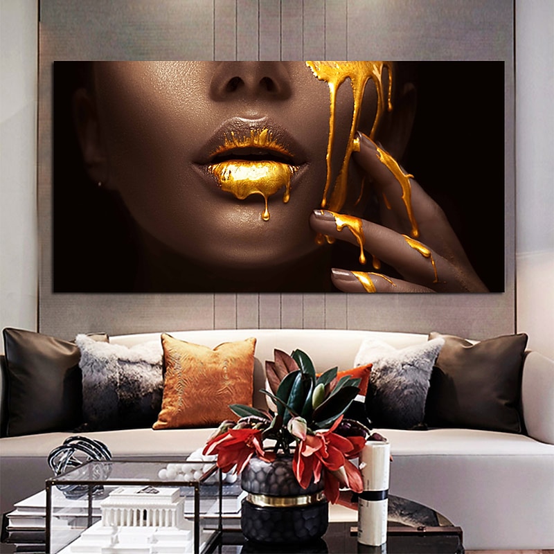 Wall Art Canvas Poster Painting Artwork Picture Gold Lips Woman Home Decoration Décor Rolled Canvas No Frame Unframed Unstretched