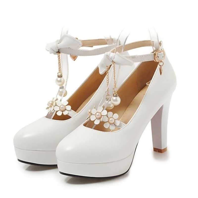 Girls' White Platform Mary Jane Heels β Elegant Wedding Shoes with Floral Pearl Ankle Straps and Bow Detail for Flower Girl & Special Occasions