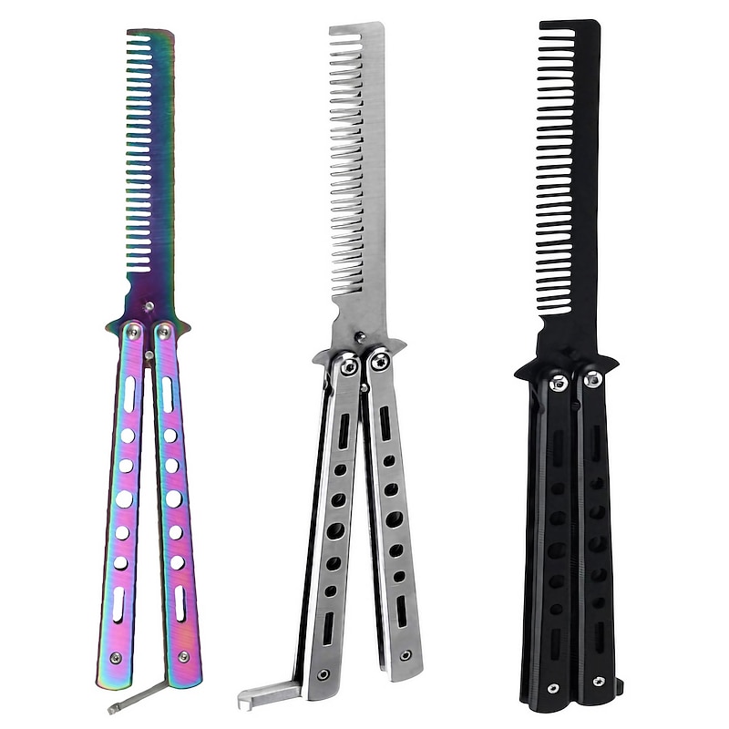 Foldable Comb Stainless Steel Practice Training Butterfly Knife Comb Beard Moustache Brushes Hairdressing Styling Tool