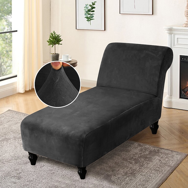 Stretch Velvet Armless Chair Cover Chaise Lounge Cover Chair Slipcover Elastic Black for Bedroom Living Room Soft Durable Washable