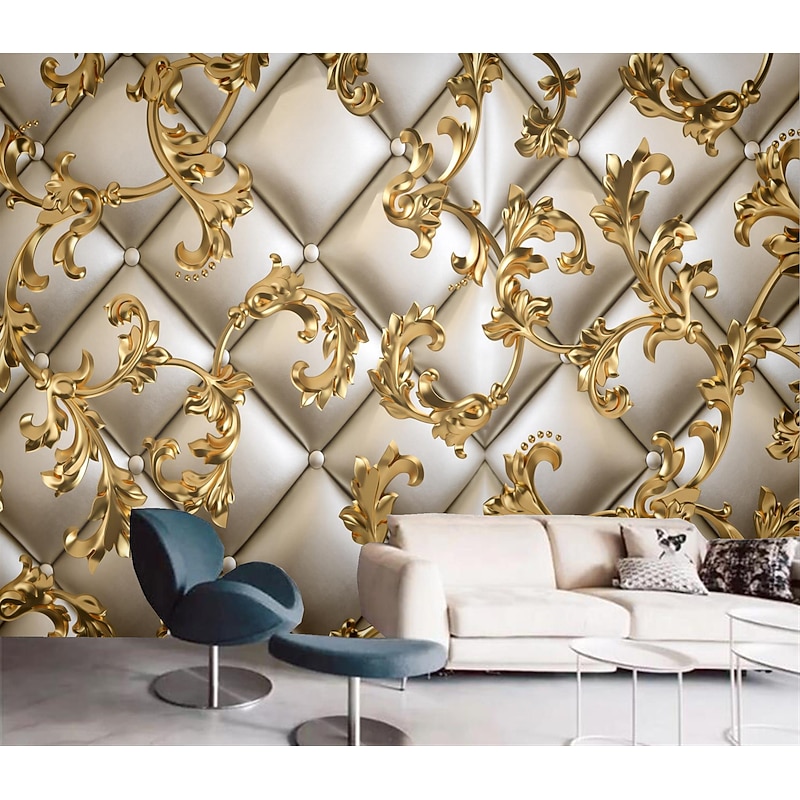 Mural Wallpaper Wall Sticker Covering Print Golden Leaf Leather Faux 3D Canvas Home Decor for Home Living Room Bedroom Indoor and TV Background3