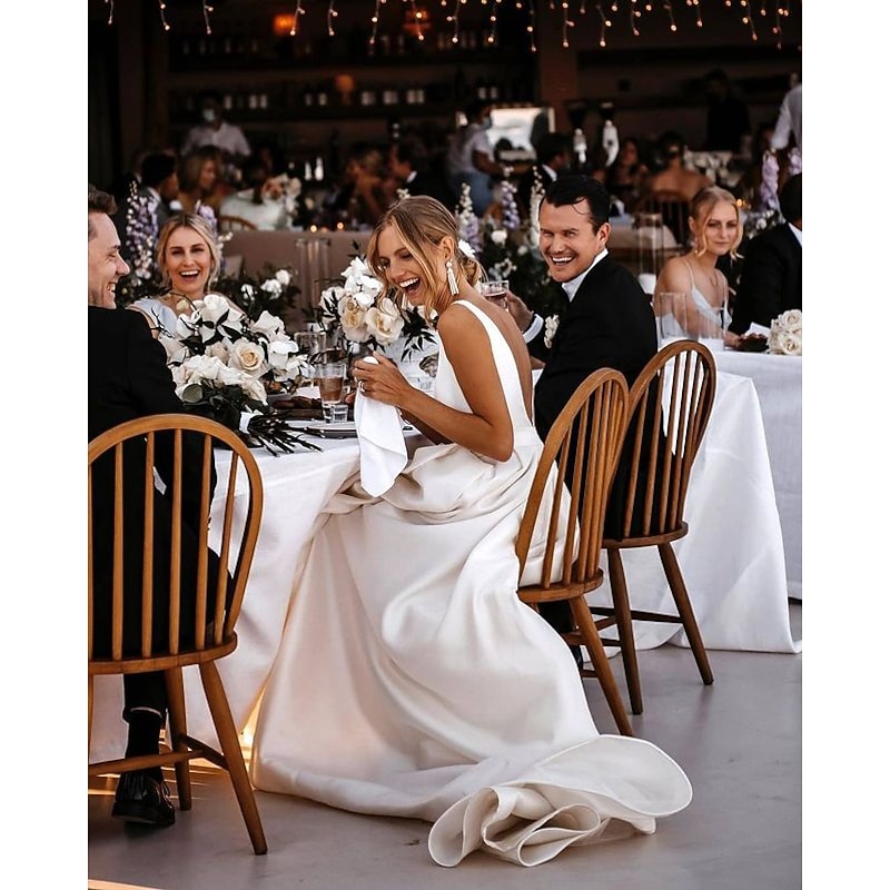 Beach Casual Wedding Dresses A-Line V Neck Sleeveless Court Train Satin Bridal Gowns With Sashes / Ribbons Sash / Ribbon4