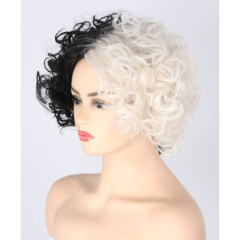 Topcosplay Cruella Devil Wig Short Curly Black and Blonde Wigs Cosplay Wig Halloween Wigs3