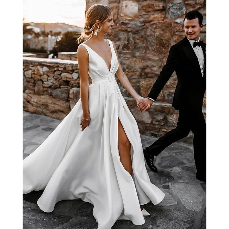 Beach Casual Wedding Dresses A-Line V Neck Sleeveless Court Train Satin Bridal Gowns With Sashes / Ribbons Sash / Ribbon2