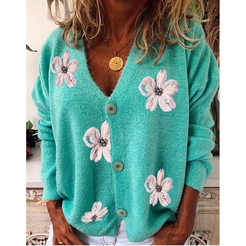 Women's Normal Sweater Cardigan Sweater Stylish Chic & Modern Casual Floral Maillard V Neck Embroidered Knitted Long Sleeve Knit Daily Holiday Red Green Spring Fall4