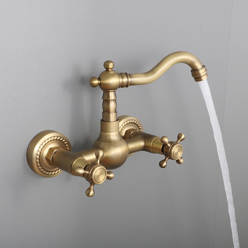 Retro Style Utility Sink Laundry Faucet, Wall Mount Long Spout Two Handles Two Holes Wash Basin Tap with Hot and Cold Water Hoses, Laundry Tub Pot Filler Commercial Faucet in Antique Brass2