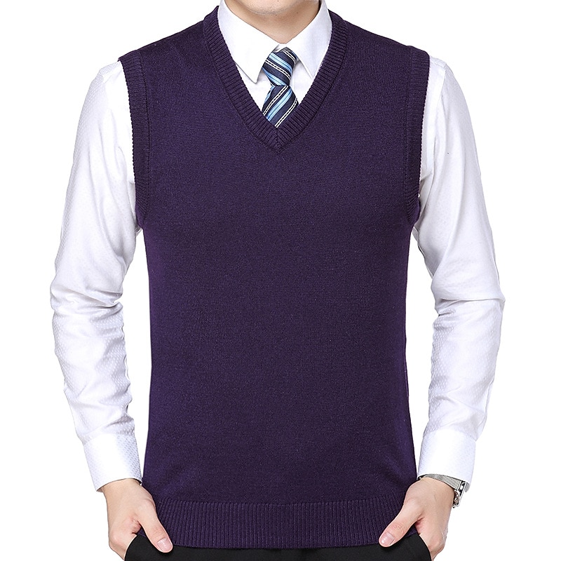 Men's Sweater Vest Dress Sweater Wool Sweater Pullover Sweater Jumper Ribbed Knit Knitted Solid Color V Neck Business Keep Warm Work Daily Wear Clothing Apparel Sleeveless Spring &  Fall Camel Black3