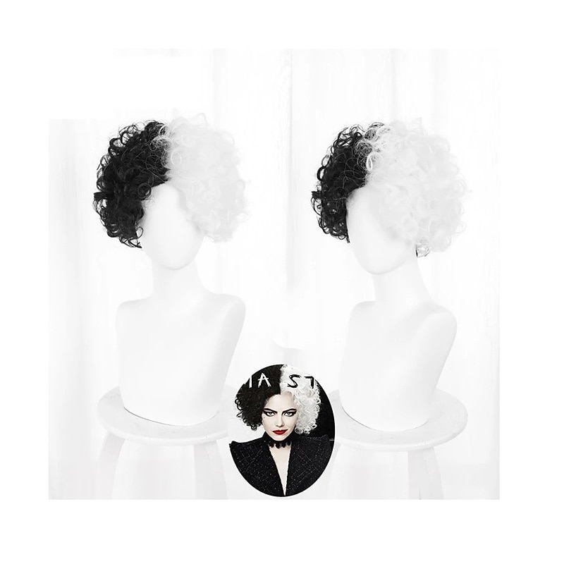 101 Dalmatians Cruella De Vil Cosplay Wigs Women's Middle Part 12 inch Heat Resistant Fiber Curly Black White Adults Teen Anime Wig Halloween Wigs4