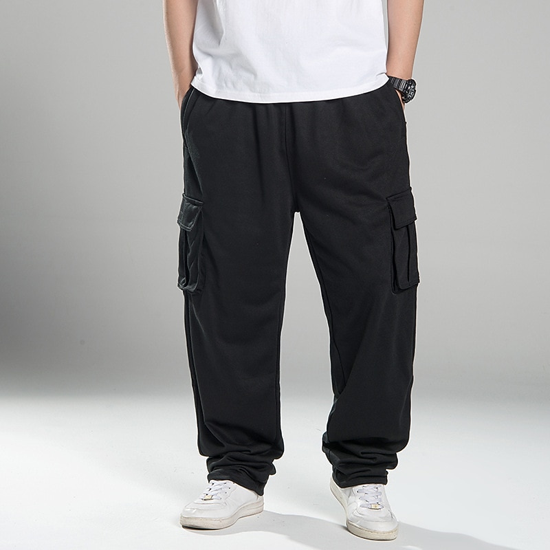 Men's Fleece Pants Sweatpants Joggers Trousers Cargo Sweatpants Drawstring Elastic Waist Multi Pocket Plain Outdoor Sports Full Length Outdoor Casual Daily Hip Hop Athletic Loose Fit Black White2