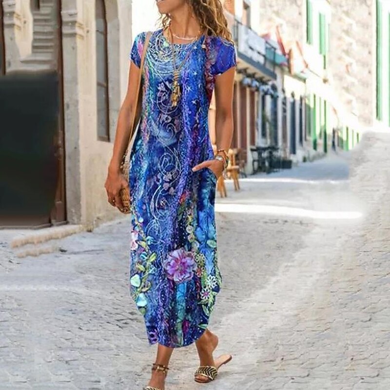Women's A Line Dress Maxi long Dress Blue Short Sleeve  Pocket Print Summer Round Neck Casual 2023 S M L XL XXL 3XL
