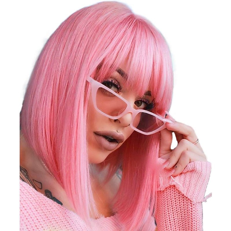 Pink Bob Wigs with Bangs 12 Inch Short Straight Bob Wigs Colorful Synthetic Cosplay Daily Party Wig for Women