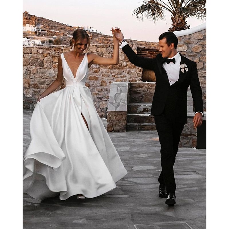 Beach Casual Wedding Dresses A-Line V Neck Sleeveless Court Train Satin Bridal Gowns With Sashes / Ribbons Sash / Ribbon3