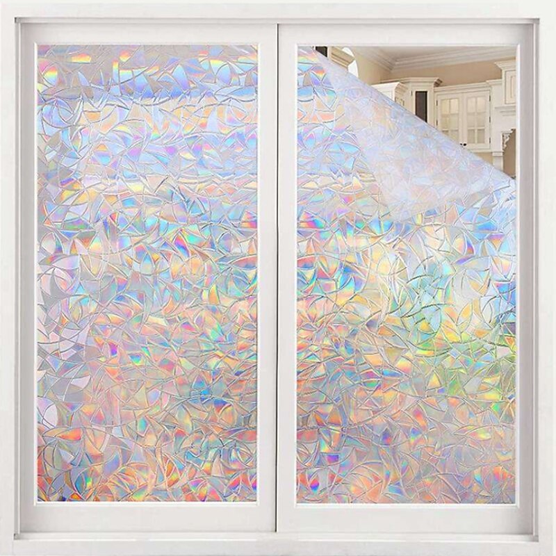 Window Privacy Film, Rainbow Window Film, Removable Stained Glass Sticker, Heat Control Window Cling for Decor, Silver 8