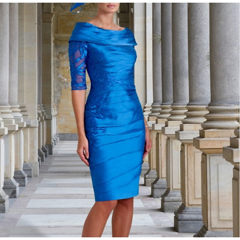 Sheath Mother of the Bride Dress Wedding Guest Elegant Off Shoulder Knee Length Taffeta Half Sleeve with Appliques Ruching Race Day Dress4