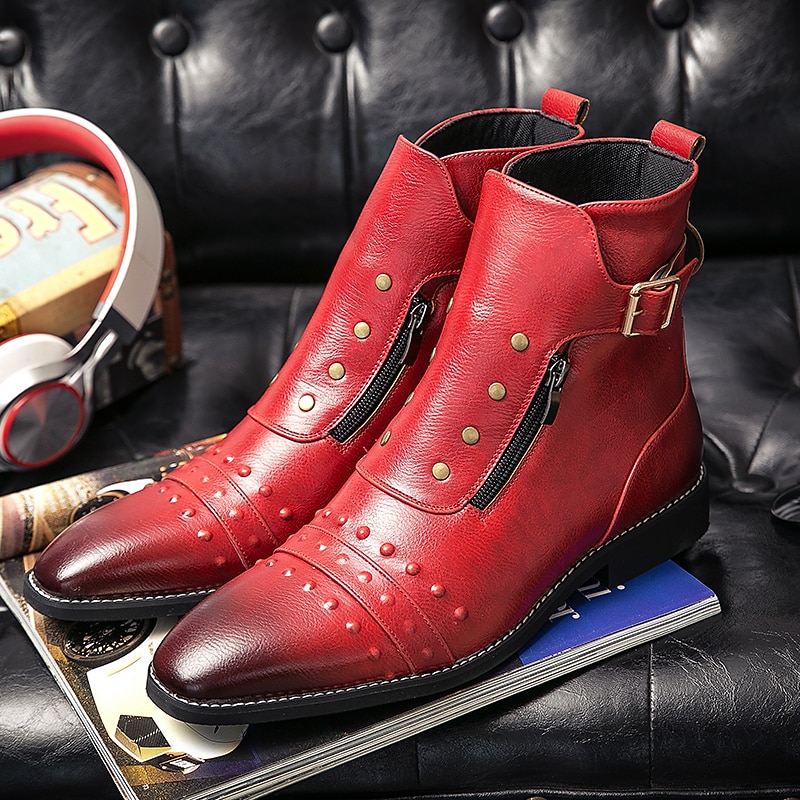 Men's Red Faux Leather Ankle Boots – Vintage-Style Zip-Up with Studded Details, Perfect for Motorcycle and Casual Fashion2