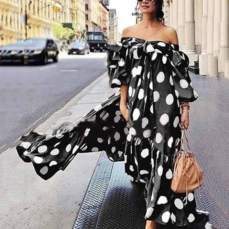 Women's Casual Dress Swing Dress Long Dress Maxi Dress Black Red Brown Sleeveless Polka Dot Print Fall Autumn Off Shoulder Loose Fit 2023 S M L XL XXL XXXL 4XL 5XL3