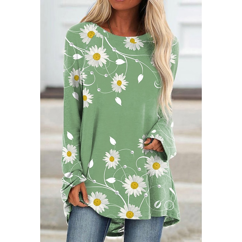 Women's Tunic T Shirts Floral Daisy Tunic Basic Long Sleeve Round Neck Long Tops Daily Weekend Print Blue Purple Green Fall & Winter Prefall