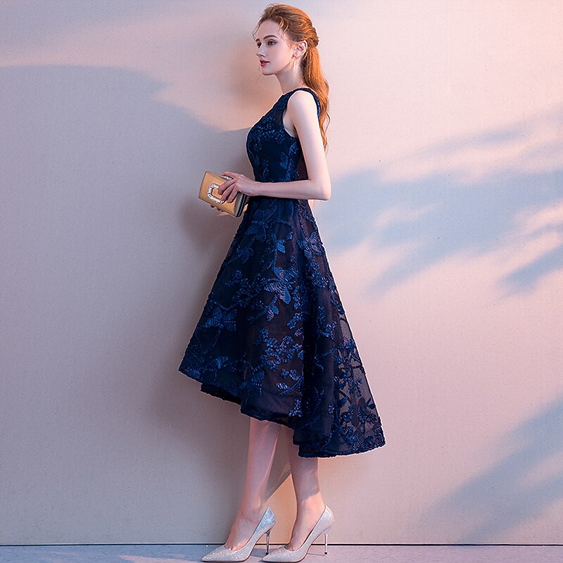 A-Line Cocktail Dresses Elegant Dress Wedding Guest Homecoming Asymmetrical Sleeveless Jewel Neck Tulle with Pleats Pattern / Print3