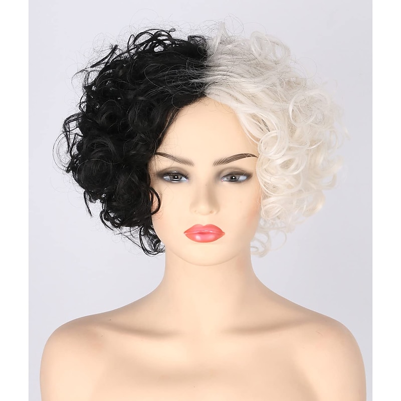 Topcosplay Cruella Devil Wig Short Curly Black and Blonde Wigs Cosplay Wig Halloween Wigs