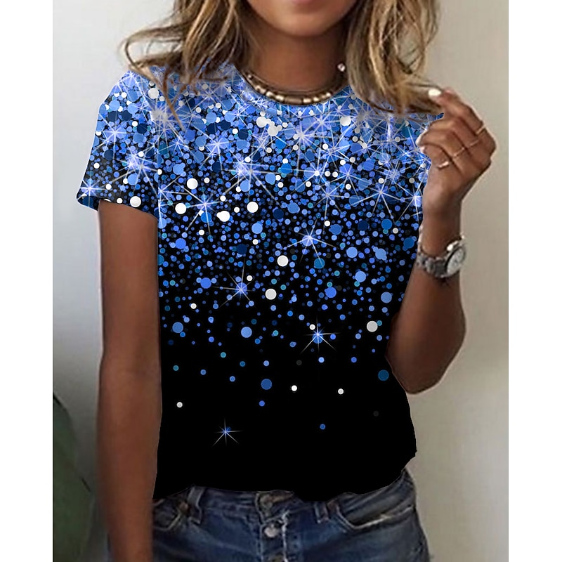 Women's T shirt Tee Yellow Blue Purple Graphic Galaxy Print Short Sleeve Daily Weekend Basic Round Neck Regular Abstract Painting S2