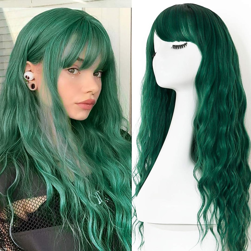 Wig With Bangs Gradient Dark Green Wig Long Fluffy Wavy Curly Synthetic Fiber No Glue Black Root Lace Free Wig for Women 66.08cm.. St.Patrick's Day Wigs