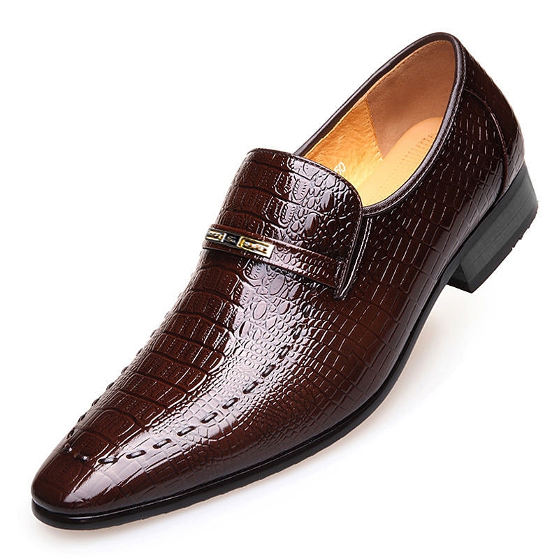 Men's Brown Crocodile Pattern Faux Leather Loafers - Elegant Slip-On Dress Shoes for Formal Occasions2