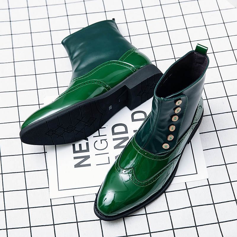 Men's Vintage Green Leather Button Boots - Stylish Wingtip Brogue Ankle Boots with Patent Leather Finish3
