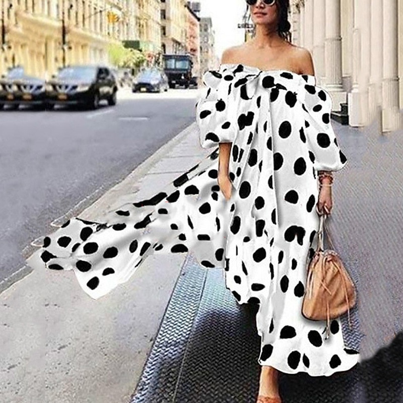 Women's Casual Dress Swing Dress Long Dress Maxi Dress Black Red Brown Sleeveless Polka Dot Print Fall Autumn Off Shoulder Loose Fit 2023 S M L XL XXL XXXL 4XL 5XL2