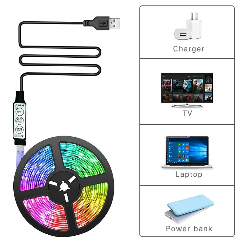 LED TV Background Waterproof Light Strip 1-5M Color RGB 5050 Color Changing LED Light Flexible Color Changing Strip With 5V USB Cable and Mini Controller Suitable for Bedroom Party and Home Decoration4