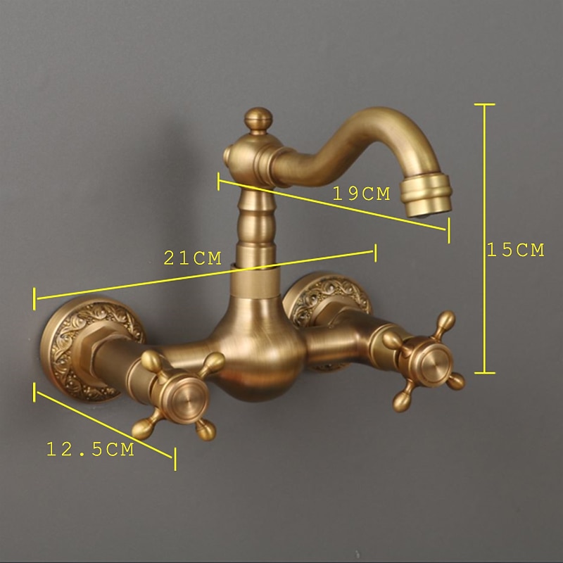 Traditional Kitchen Sink Mixer Taps Wall Mounted Brass, Vintage Retro Kitchen Faucet Twin Lever Standard Spout Vessel Tap2