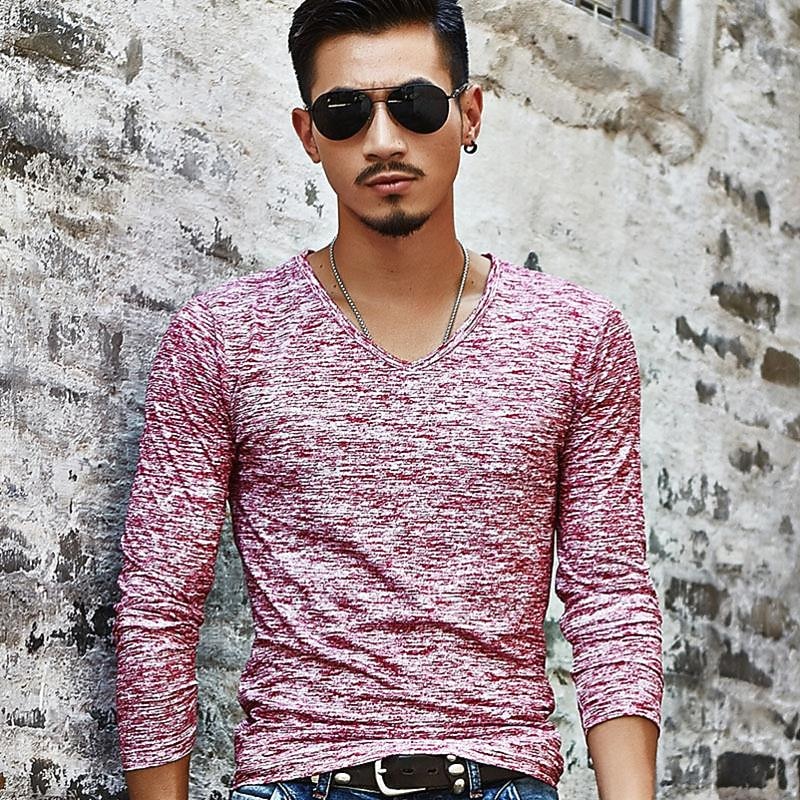 Men's T Shirt Long Sleeve Shirt Long Sleeve V Neck Spring Fall Graphic Plain Muscle Esencial Print Going out Weekend Black Blue Fuchsia Top Tee for Men2