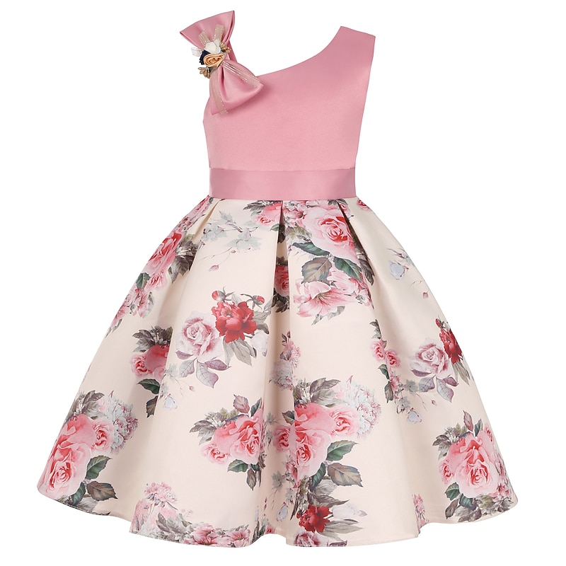 Kids Girls' Party Dress Floral Sleeveless Performance Anniversary Halter Tie Knot Elegant Adorable Sweet Cotton Knee-length Party Dress Floral Dress Summer Spring 3-13 Years claret Pink Blue4