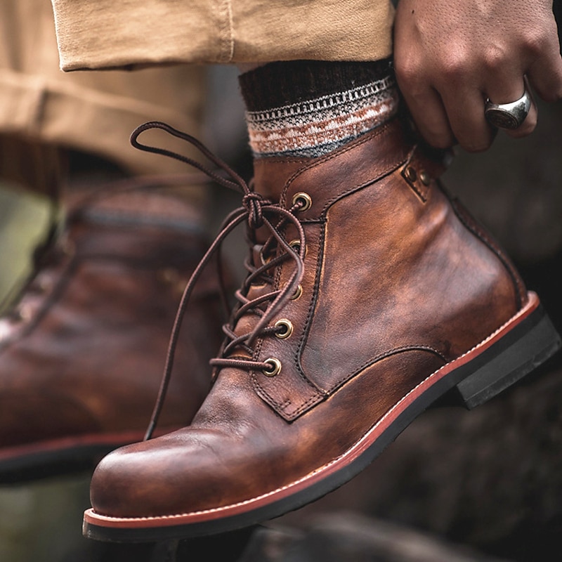 Men's Brown Faux Leather Lace-Up Ankle Boots, Vintage Style Casual Boots for Everyday Wear2
