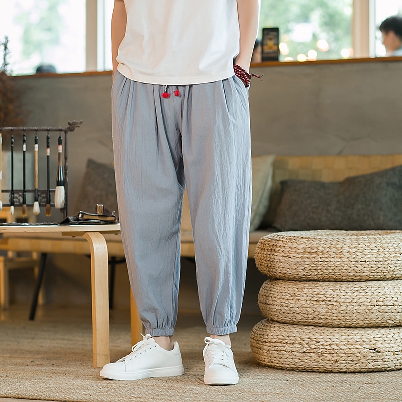 Men's Harem Joggers Linen Pants Trousers Summer Pants Drawstring Plain Outdoor Ankle-Length Home Casual Daily Chinoiserie Folk Style Loose Fit ArmyGreen Black Micro-elastic2