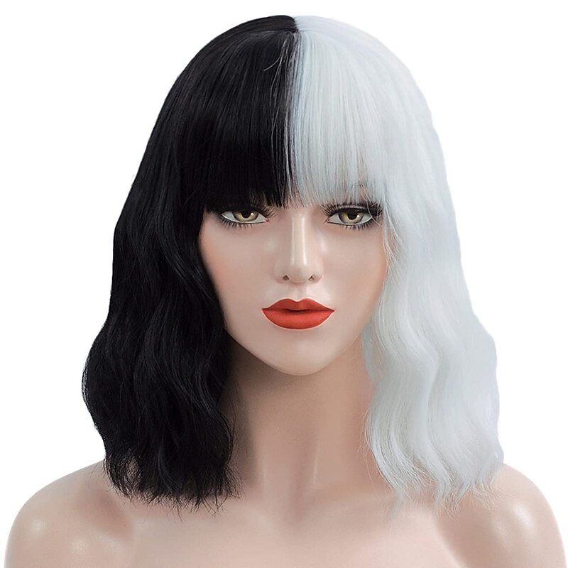 Gothic Wig Cruella Deville  Wig Cosplay Black and White Wigs for Women Short Curly Wavy Bob Hair Wig Cute Synthetic Wigs for Party Halloween Wigs4