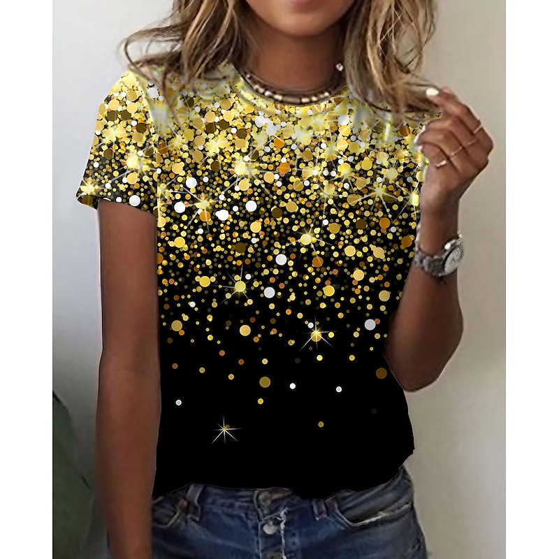 Women's T shirt Tee Yellow Blue Purple Graphic Galaxy Print Short Sleeve Daily Weekend Basic Round Neck Regular Abstract Painting S