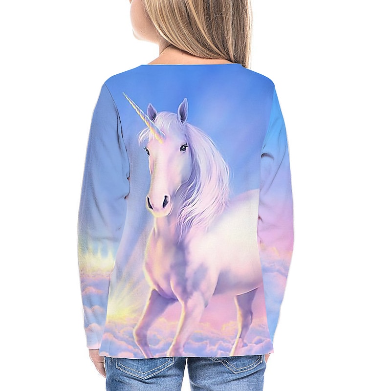 Kids Girls' Unicorn 3D Print  T shirt Tee Long Sleeve Animal Print Blue Children Tops Fall Active School Daily Wear Regular Fit 4-12 Years2