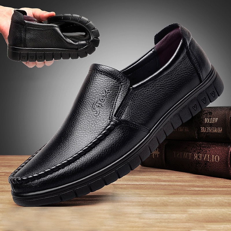 Men's Black Leather Loafers - Comfortable Slip-On Casual Shoes with Non-Slip Sole