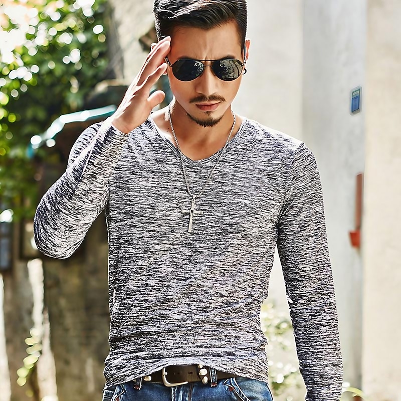 Men's T Shirt Long Sleeve Shirt Long Sleeve V Neck Spring Fall Graphic Plain Muscle Esencial Print Going out Weekend Black Blue Fuchsia Top Tee for Men - Main Image