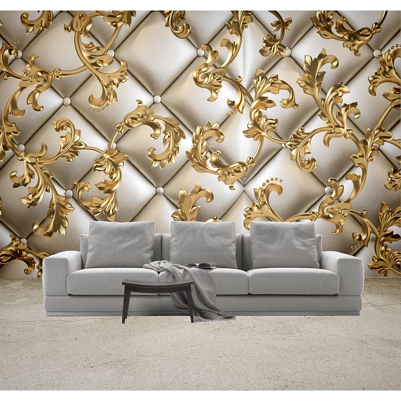 Mural Wallpaper Wall Sticker Covering Print Golden Leaf Leather Faux 3D Canvas Home Decor for Home Living Room Bedroom Indoor and TV Background
