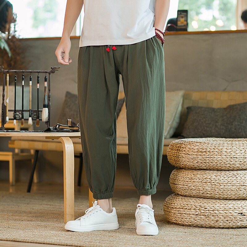 Men's Harem Joggers Linen Pants Trousers Summer Pants Drawstring Plain Outdoor Ankle-Length Home Casual Daily Chinoiserie Folk Style Loose Fit ArmyGreen Black Micro-elastic4