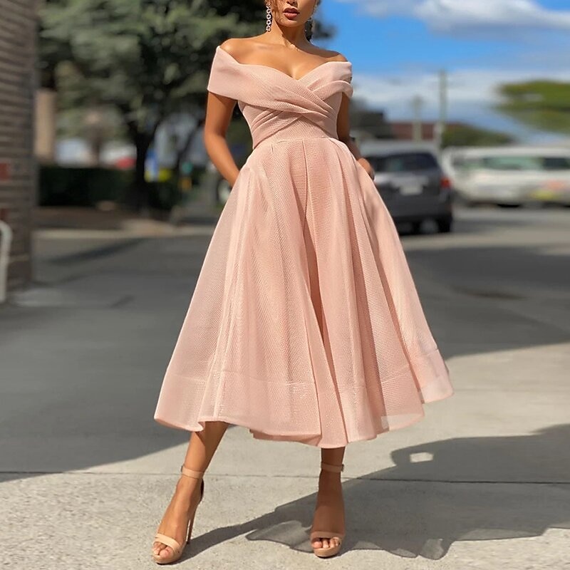 Beach Wedding A-Line Cocktail Dresses Vintage Dress Wedding Guest Tea Length Sleeveless Off Shoulder Tulle with Pleats Dresses