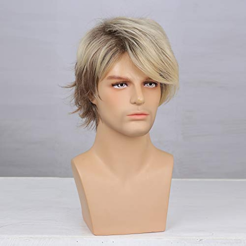 Mens Blonde Wig Short Layered Natural Synthetic Heat Resistant Wigs  Cosplay   Wig with Wig Cap Halloween Wigs2