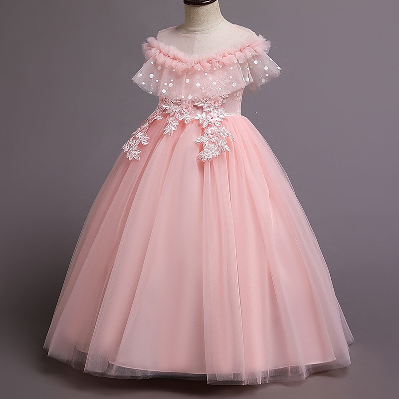 Kids Girls' Flower Girl Dress Dress Party Dress Solid Color Short Sleeve Formal Performance Wedding Lace Mesh Fashion Adorable Princess Cotton Polyester Maxi Lace Dress Party Dress Swing Dress Summer2