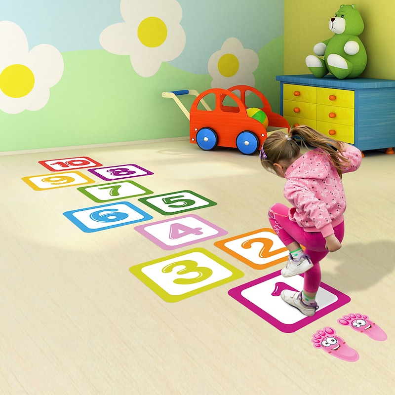 Children's Cartoon Pattern Hopscotch Floor Stickers Kindergarten Early Education Interactive Decoration Classic Digital Jump Grid Floor Wall Stickers for bedroom living room