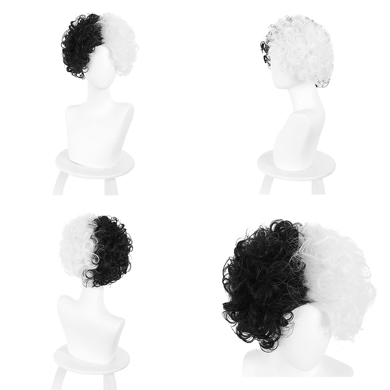 Cruella Wig Witches/Wizard Wig Devil Cosplay  Wig Black and White Synthetic Hair Heat Resistant Hairs for  Christmas Carnival Party Halloween Wigs4